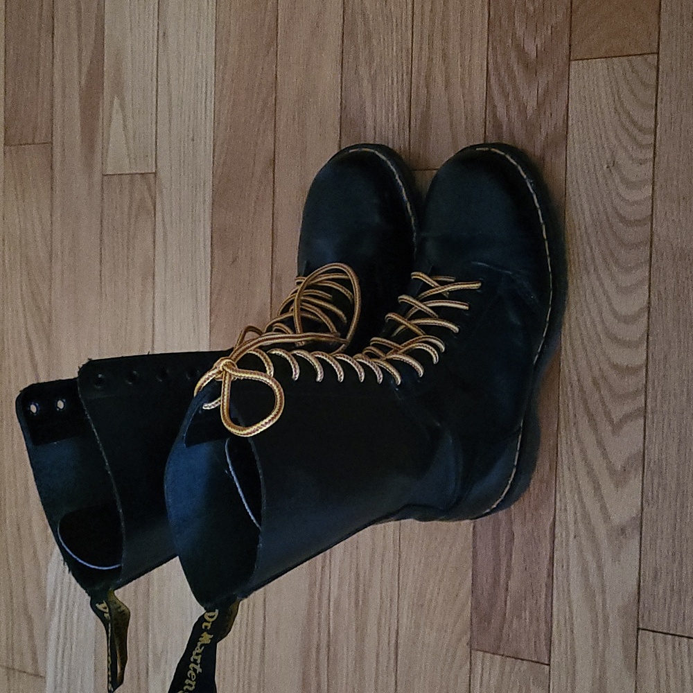 Dr. Martens 14 Eye Black Leather Boots with Gold Laces
